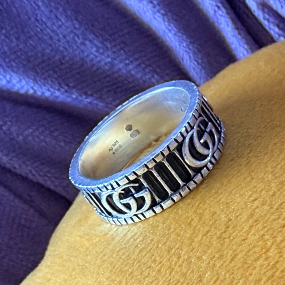 GUCCI Marmont GG Aged Sterling Silver Ring, Size 19